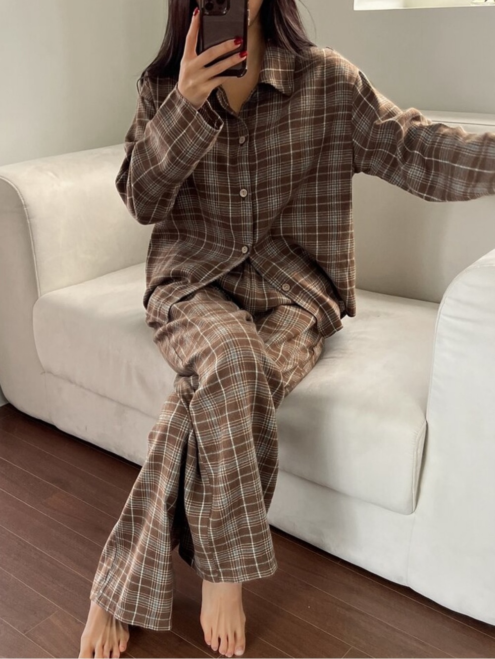 Plaid Loose Women Long Sleeve Single-Breasted Top And Pants Pajama Set